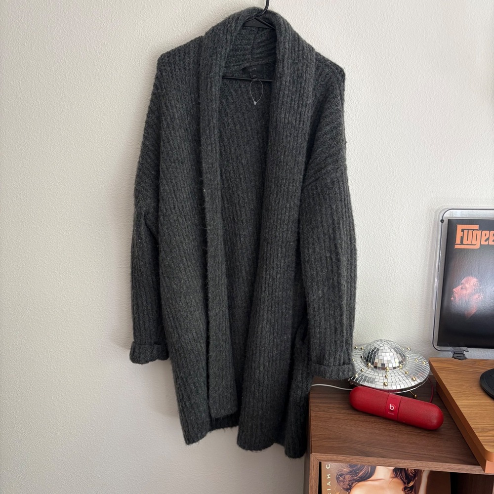 J.Crew Charcoal Grey Ribbed Fuzzy Open Front Shawl Cardigan Sweater S/M - Picture 4 of 8